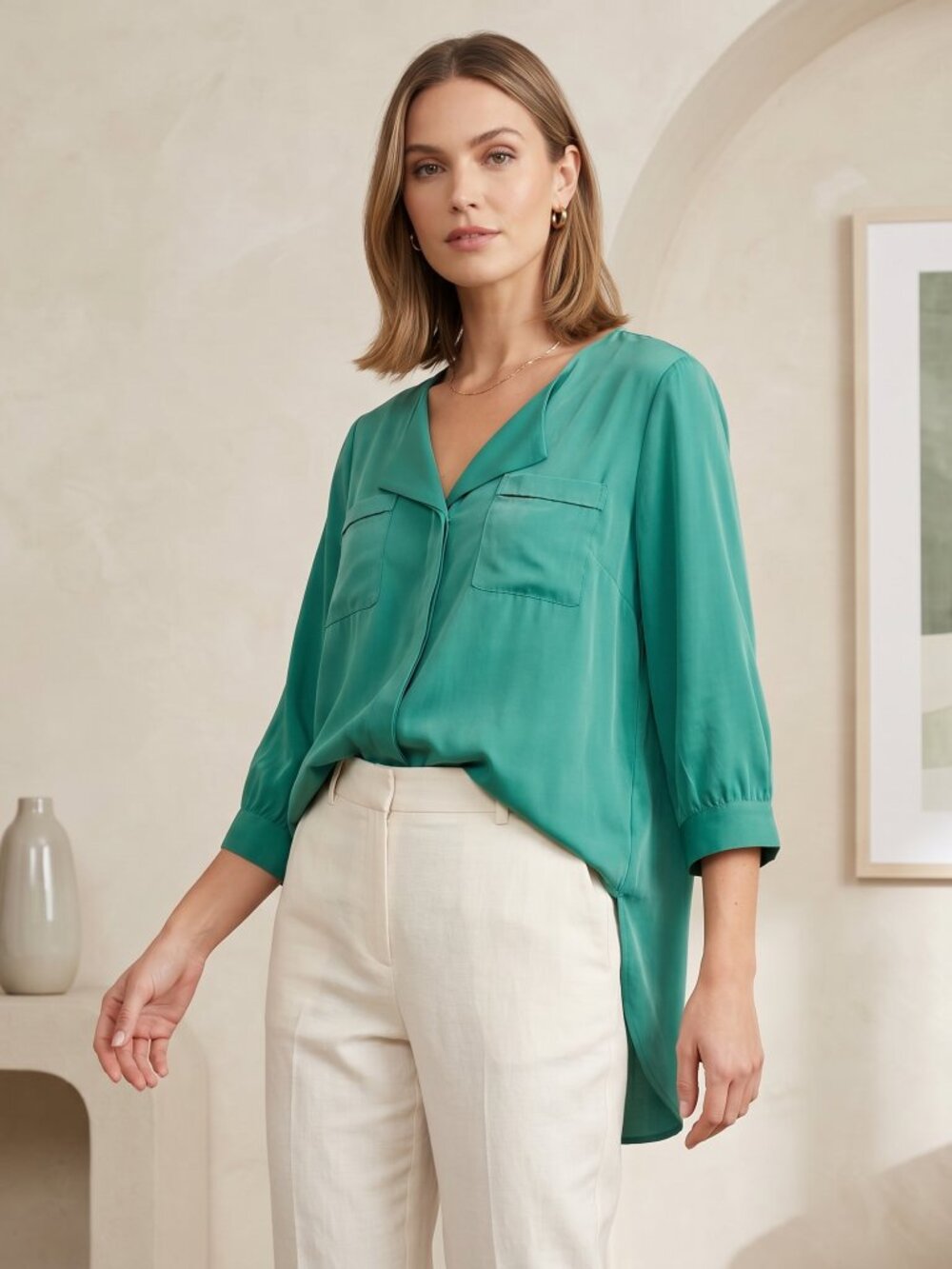 Cynthia Rowley Jewel Green Fluid Top V Neck XL Office Siren Whimsigoth Satin